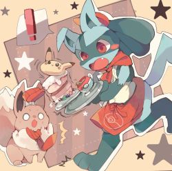 Rule 34 | !, 1boy, ^^^, animal ears, animal hands, apron, berry, blush, blush stickers, brown background, cabbie hat, cake, clothed pokemon, creatures (company), cup, eevee, fangs, food, full body, furry, furry male, game freak, gen 1 pokemon, gen 4 pokemon, hat, highres, jpeg artifacts, leaf, leg up, lucario, male focus, motion lines, neckerchief, nintendo, o o, open mouth, outline, pikachu, poke ball symbol, poke ball theme, pokemon, pokemon (creature), pokemon cafe remix, red eyes, red neckerchief, running, saucer, sitting, speech bubble, spikes, spill, spoken exclamation mark, star (symbol), surprised, sweat, tail, tea, teacup, tray, tripping, white eyes, white outline, wolf ears, wolf tail, yupo 0322