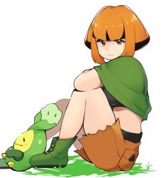 Rule 34 | 1girl, arm on knee, belt, black belt, black hair, black shirt, boots, budew, commentary request, creatures (company), cutoffs, dot nose, from side, game freak, gardenia (pokemon), gen 4 pokemon, green footwear, looking at viewer, midriff, mituyota 76, multicolored hair, nintendo, on ground, orange eyes, orange hair, pokemon, pokemon (creature), pokemon dppt, poncho, shirt, shorts, sidelocks, simple background, solo focus, two-tone hair, white background