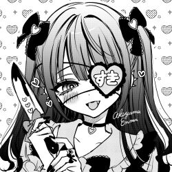 1girl akiyama_enma artist_name blood bloody_knife bow choker collarbone commentary cute_weapon eyepatch fang frilled_shirt_collar frills greyscale hair_bow hair_intakes heart heart_background heart_choker heart_eyepatch holding holding_knife holding_weapon jirai_kei knife long_hair monochrome open_mouth original portrait shirt signature solo tongue tongue_out two_side_up weapon