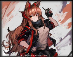 Rule 34 | 1girl, amayouri, angelina (arknights), animal ears, arknights, black gloves, black jacket, black scarf, black skirt, brown eyes, brown hair, chinese commentary, commentary request, cosplay, demon horns, detonator, fingerless gloves, fox ears, gloves, grey shirt, highres, holding, holding remote control, horns, jacket, long hair, looking at viewer, nail polish, open clothes, open jacket, red nails, remote control, scarf, shirt, shoulder strap, skirt, smile, solo, very long hair, w (arknights), w (arknights) (cosplay)