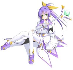 Rule 34 | 1girl, angelan, elf, green eyes, hair ribbon, healer, personification, pointy ears, ponytail, purple hair, ribbon, rokuwata tomoe, simple background, skirt, solo, staff, thighhighs, virtual on, white thighhighs