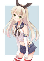 Rule 34 | 10s, 1girl, blonde hair, dress, elbow gloves, gloves, green eyes, hair ribbon, hands on thighs, hyuuga azuri, kantai collection, long hair, looking at viewer, navel, panties, personification, ribbon, sailor dress, school uniform, serafuku, shimakaze (kancolle), solo, striped clothes, striped thighhighs, thighhighs, underwear