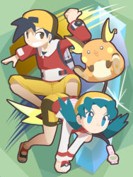 Rule 34 | 1boy, 1girl, :3, backpack, backwards hat, bag, black hair, blue eyes, blue hair, brown eyes, brown hair, cafe (chuu no ouchi), capri pants, creatures (company), cropped jacket, ethan (pokemon), eyebrows, eyelashes, game freak, gen 1 pokemon, grin, hat, jacket, kris (pokemon), legs apart, long hair, long sleeves, multicolored clothes, multicolored shorts, nintendo, no pupils, open clothes, open jacket, pants, poke ball, poke ball (basic), pokegear, pokemon, pokemon (creature), pokemon gsc, raichu, red shirt, shirt, shoes, short hair, shorts, smile, teeth, thumbs up, twintails, v arms, very long hair, white jacket, yellow hat, yellow pants