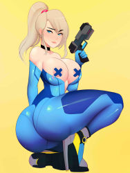 Rule 34 | 1girl, absurdres, areola slip, ass, bare shoulders, blonde hair, breasts, cross pasties, gun, high heels, highres, huge ass, large breasts, metroid, mole, mole under mouth, nintendo, no bra, pasties, postblue98, samus aran, simple background, solo, thighhighs, weapon, yellow background, zero suit