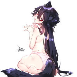 Rule 34 | 1girl, animal ears, ass, black hair, blush, commentary request, dated, ejami, ekko (ejami), fox ears, fox girl, fox tail, from behind, long hair, looking at viewer, on ground, original, panties, red eyes, signature, simple background, sitting, solo, tail, topless, underwear, very long hair, white background, white panties