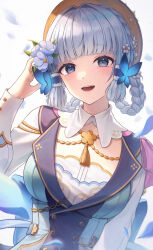 Rule 34 | 1girl, absurdres, ayaka (genshin impact), blue dress, blue hair, blunt bangs, blunt tresses, braid, breasts, butterfly hair ornament, collar, dress, flower, genshin impact, hair flower, hair ornament, hand up, hat, highres, kamisato ayaka, kamisato ayaka (springbloom missive), light blue hair, long sleeves, looking at viewer, medium breasts, mole, mole under eye, official alternate costume, open mouth, short hair, simple background, smile, solo, soo ou, teeth, upper body, white background, white collar, white flower