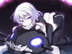 Rule 34 | 10s, 1girl, abyssal ship, blue eyes, bodysuit, cape, gloves, unworn headwear, kantai collection, looking at viewer, pale skin, personification, racer (magnet), short hair, silver hair, smile, solo, wo-class aircraft carrier