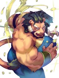 Rule 34 | 1boy, animal ears, arsalan (tokyo houkago summoners), bara, beard, blonde hair, bulge, facial hair, fighting stance, furry, furry male, green hair, highres, large pectorals, lion boy, lion ears, lion tail, male focus, multicolored hair, muscular, nipples, pectorals, topless male, short hair, slime (substance), solo, sword, tail, thick thighs, thighs, tokyo houkago summoners, two-tone hair, weapon, zoyu (wuedti)