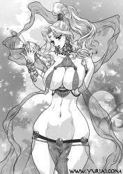 Rule 34 | 1girl, bare shoulders, breasts, circlet, cleavage, earrings, female focus, forest, gensou suikoden, gensou suikoden v, highres, huge breasts, jeane (suikoden), jewelry, loincloth, long hair, midriff, monochrome, nature, outdoors, parted lips, ponytail, revealing clothes, sideboob, solo, yuri ai