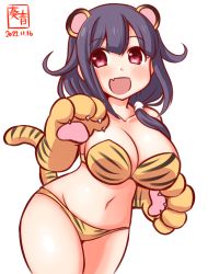 Rule 34 | 1girl, alternate costume, animal ears, animal hands, animal print, artist logo, bikini, blush, breasts, cowboy shot, dated, fang, hair flaps, kanon (kurogane knights), kantai collection, large breasts, looking at viewer, low twintails, one-hour drawing challenge, open mouth, purple hair, red eyes, simple background, smile, solo, swimsuit, taigei (kancolle), tail, tiger ears, tiger paws, tiger print, tiger tail, twintails, white background