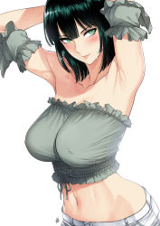 Rule 34 | 1girl, armpit lips, armpits, arms up, bare shoulders, black hair, blush, breasts, closed mouth, collarbone, detached sleeves, frilled sleeves, frills, fubuki (one-punch man), green eyes, hair between eyes, highres, large breasts, lips, looking at viewer, navel, nipples through clothes, one-punch man, short hair, shorts, simple background, smile, solo, strapless, sweat, white background, white shorts, xter