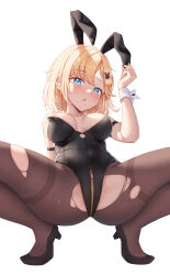 Rule 34 | 1girl, absurdres, alternate costume, animal ears, arm strap, arm up, black footwear, black leotard, blonde hair, blue eyes, blush, breasts, breasts apart, brown pantyhose, collarbone, commentary, crotch zipper, english commentary, fake animal ears, hair ornament, high heels, highres, hololive, hololive english, large breasts, leotard, looking at viewer, mole, mole on breast, nipples, open mouth, paid reward available, pantyhose, playboy bunny, rabbit ears, shironekokfp, short hair, solo, spread legs, squatting, sweat, thighband pantyhose, torn clothes, torn pantyhose, virtual youtuber, watson amelia, white background, white wrist cuffs, wrist cuffs, zipper, zipper leotard, zipper pull tab