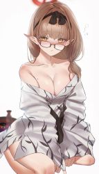 Rule 34 | absurdres, bare shoulders, between legs, blue archive, breasts squeezed together, breasts, brown hair, chinatsu (blue archive), cleavage, glasses, hairband, hand between legs, highres, japanese clothes, kazane-wind, kimono, kneeling, large breasts, looking at viewer, mole, mole on breast, yellow eyes