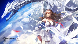 Rule 34 | 1girl, angel wings, bad id, bad pixiv id, bare shoulders, brown eyes, brown hair, copyright name, dragon, elbow gloves, gloves, highres, lance, long hair, pixiv fantasia, pixiv fantasia t, polearm, sky, solo, swd3e2, weapon, wings
