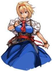 Rule 34 | 1girl, alice margatroid, blonde hair, blue eyes, book, breasts, capelet, cowboy shot, hairband, large breasts, looking at viewer, sachito, short hair, simple background, solo, standing, touhou, white background, wrist cuffs
