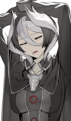Rule 34 | 1girl, arms up, bags under eyes, black cape, black gloves, black hair, black shirt, breasts, cape, closed eyes, collarbone, collared cape, commentary request, drooling, facing viewer, furrowed brow, gloves, grey shirt, highres, large breasts, long sleeves, made in abyss, multicolored hair, multicolored shirt, ozen, pale skin, shirt, simple background, sleeve cuffs, solo, soosaresu, stretching, two-tone hair, upper body, whistle, whistle around neck, white background, white hair