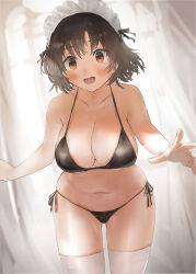 Rule 34 | 1girl, alternate costume, bare arms, bare shoulders, bikini, black bikini, black hair, blush, breasts, brown eyes, collarbone, cowboy shot, enmaided, gluteal fold, haguro (kancolle), highres, kantai collection, large breasts, maid, maid headdress, navel, open mouth, short hair, smile, solo, swimsuit, thighhighs, toka (marchlizard), white thighhighs
