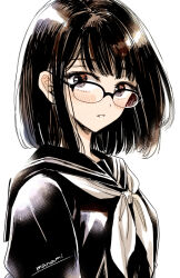 1girl artist_name black-framed_eyewear black_hair black_sailor_collar black_shirt blush commentary_request glasses grey_neckerchief looking_at_viewer medium_hair neckerchief original parted_lips sailor_collar school_uniform serafuku shirt signature simple_background solo sugano_manami upper_body white_background