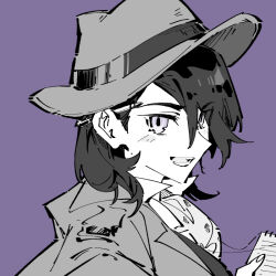 Rule 34 | 1boy, bowler hat, coat, coattails, collared coat, collared shirt, commentary, danganronpa (series), english commentary, eyelashes, eyes visible through hair, fingernails, gisces, greyscale with colored background, hair over one eye, hat, high collar, holding, holding notepad, looking at viewer, male focus, medium hair, notepad, open mouth, pen behind ear, purple background, purple eyes, shirt, simple background, smile, solo, spot color, super danganronpa another 2, teeth, trench coat, upper body, vest, yomiuri nikei