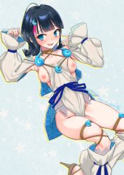 Rule 34 | 1girl, bare shoulders, black hair, blue background, blue eyes, blue ribbon, blush, breasts, collarbone, detached leggings, dress, fate/grand order, fate/requiem, fate (series), fundoshi, japanese clothes, jewelry, long sleeves, looking at viewer, magatama, magatama hair ornament, medium breasts, medium hair, multicolored hair, namiki kojiro, necklace, nipple slip, nipples, open mouth, pelvic curtain, pink hair, puffy long sleeves, puffy sleeves, ribbon, seigaiha, short dress, sideboob, sideless outfit, smile, star (symbol), starry background, streaked hair, thighs, utsumi erice, wavy mouth, white dress, white legwear