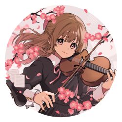 Rule 34 | 1girl, arisa (aren), artist name, black bow, black dress, blush, border, bow, bow (music), branch, brown hair, cherry blossoms, closed mouth, collared dress, dress, flower, highres, holding, holding bow (music), holding instrument, instrument, light smile, long hair, long sleeves, looking at viewer, music, neck ribbon, original, paper, petals, pink eyes, pink flower, pink ribbon, playing instrument, ribbon, round image, sheet music, signature, solo, upper body, violin, white border, wind