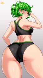 Rule 34 | 1girl, absurdres, alternate costume, artist name, ass, ass focus, bare legs, bare shoulders, blush, breasts, cameltoe, covered erect nipples, curvy, embarrassed, female focus, from behind, green eyes, green hair, highres, huge ass, jmg, looking at viewer, looking back, matching hair/eyes, one-punch man, partially visible vulva, shiny skin, short shorts, shorts, signature, simple background, skin tight, small breasts, solo, sports bra, sportswear, standing, tatsumaki, thick thighs, thighs, white background, wide hips