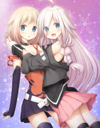 Rule 34 | 2girls, :d, ahoge, bad id, bad pixiv id, bare shoulders, black choker, black gloves, black legwear, black shirt, blonde hair, blue eyes, blush, brown dress, cevio, choker, collarbone, dress, elbow gloves, eyes visible through hair, fingerless gloves, gloves, grey hair, hair over one eye, ia (vocaloid), long hair, long sleeves, looking at viewer, looking to the side, multiple girls, murano, off shoulder, one (cevio), open mouth, pink skirt, pleated skirt, shirt, skirt, sleeveless, sleeveless dress, sleeves past wrists, smile, thighhighs, very long hair, vocaloid