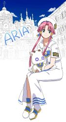 Rule 34 | 00s, aria (manga), blouse, building, hat, horns, kazunari, mizunashi akari, oekaki, sailor, shirt, short hair with long locks, sitting, solo, white shirt