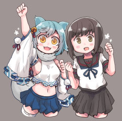 Rule 34 | 2girls, :3, animal ears, aqua hair, arm up, azur lane, bell, black sailor collar, black skirt, blush, breasts, brown eyes, brown hair, clenched hands, cropped legs, cropped torso, crossover, detached sleeves, dual persona, es (eisis), fox ears, fox girl, fox tail, fubuki (azur lane), fubuki (kancolle), fubuki kai ni (kancolle), grey background, hair bell, hair ornament, highres, historical name connection, kantai collection, looking at viewer, low ponytail, medium breasts, multiple girls, name connection, navel, open mouth, orange eyes, ponytail, ribbon-trimmed sleeves, ribbon trim, sailor collar, school uniform, serafuku, short ponytail, simple background, skirt, tail, thighhighs, white thighhighs, wide sleeves