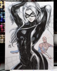Rule 34 | 1boy, 1girl, adjusting hair, arms up, art tools in frame, black cat (marvel), bodysuit, covered abs, domino mask, highres, looking at viewer, marker (medium), marvel, mask, ponytail, portrait (object), silk, smile, spider-man, spider-man (2018 game), spider-man (series), spider web, spider web print, stanley lau, traditional media, white hair