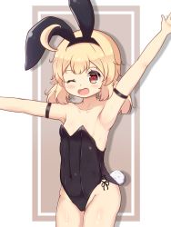 Rule 34 | 1girl, ;d, absurdres, ahoge, alternate costume, animal ears, arm up, armpits, bare shoulders, black leotard, blush, breasts, cleavage, collarbone, commentary request, fake animal ears, fake tail, genshin impact, groin, hair between eyes, hairband, highres, klee (genshin impact), leotard, light brown hair, long hair, looking at viewer, low twintails, one eye closed, open mouth, orange eyes, outstretched arms, playboy bunny, pointy ears, rabbit ears, rabbit tail, sidelocks, simple background, small breasts, smile, solo, spread arms, strapless, strapless leotard, tail, twintails, two-tone background, zendamu