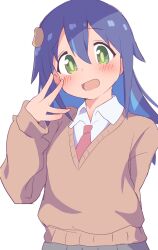 Rule 34 | 1girl, :d, blue hair, blush, brown sweater, colored inner hair, commentary, green eyes, hair between eyes, hair ornament, hairclip, hand up, hatafuta, long hair, long sleeves, looking at viewer, multicolored hair, necktie, onii-chan wa oshimai!, open mouth, red necktie, shirt, simple background, sketch, smile, solo, sweater, tenkawa nayuta, two-tone hair, upper body, white background, white shirt, wing collar