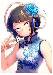 Rule 34 | 1girl, abiko yuuji, alternate breast size, audio jack, black eyes, black hair, blue flower, boku no hero academia, breasts, cable, china dress, chinese clothes, commentary request, dress, flower, hair flower, hair ornament, highres, jirou kyouka, looking at viewer, medium breasts, short hair, simple background, sleeveless, sleeveless dress, solo, upper body, white background
