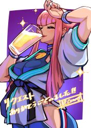 Rule 34 | 1girl, absurdres, alcohol, ap cammy, beer, beer mug, closed eyes, cup, dougi, drinking, highres, hime cut, hip vent, manon legrand, martial arts belt, mug, panty straps, pink hair, short hair with long locks, sidelocks, solo, street fighter, street fighter 6