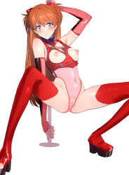 Rule 34 | 1girl, adapted costume, alternate costume, arm support, ass, bar censor, blue eyes, brown hair, censored, dancing, elbow gloves, embarrassed, gloves, hair ornament, highres, leotard, light brown hair, long hair, looking at viewer, midriff, navel, neon genesis evangelion, nipples, plugsuit, pole, pole dancing, pussy, race queen, red gloves, red thighhighs, see-through, see-through leotard, smile, solo, souryuu asuka langley, stripper pole, thighhighs, yukotaruma