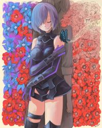 Rule 34 | 1boy, 1girl, ajino motoko, arm at side, armor, armored dress, back-to-back, bad id, bad pixiv id, bare shoulders, black gloves, black leotard, black thighhighs, blue flower, bodysuit, boots, breasts, bug, butterfly, closed eyes, closed mouth, cowboy shot, cross, detached sleeves, elbow gloves, fate/grand order, fate (series), faulds, flower, gloves, hair over one eye, halterneck, happy, high ponytail, highres, holding own arm, impossible clothes, insect, iron cross, leotard, light particles, light smile, mash kyrielight, medium breasts, ponytail, purple hair, red flower, romani archaman, short hair, signature, sleeve cuffs, smile, solo focus, standing, thigh boots, thigh strap, thighhighs, thighs, turtleneck, vambraces, wings