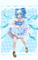Rule 34 | 1girl, bloomers, blue bow, blue dress, blue eyes, blue hair, blush, bow, brown footwear, cirno, detached wings, dress, fairy, frilled dress, frills, full body, hair between eyes, hair bow, highres, ice, ice wings, murumuru (pixiv51689952), open mouth, puffy short sleeves, puffy sleeves, red ribbon, ribbon, shoes, short hair, short sleeves, smile, socks, solo, touhou, underwear, white bloomers, white socks, wings