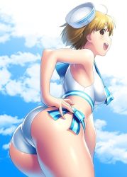 Rule 34 | 1girl, ass, bikini, blonde hair, blue sailor collar, blue sky, brown eyes, cloud, commentary request, cowboy shot, day, dixie cup hat, from behind, fukuda noriko, hand on own hip, hat, idolmaster, idolmaster million live!, looking at viewer, looking back, military hat, sailor bikini, sailor collar, sailor hat, sailor swimsuit (idolmaster), short hair, side-tie bikini bottom, sky, solo, swimsuit, zen