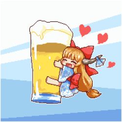 Rule 34 | 1girl, :d, ^ ^, alcohol, beer, blue background, blue bow, blue kimono, blush, bow, commentary request, cup, drinking glass, closed eyes, fang, froth, hair bow, heart, horn bow, horns, ibuki suika, japanese clothes, kimono, kumamoto (bbtonhk2), long hair, low ponytail, lowres, hugging object, open mouth, orange hair, pixel art, red bow, red sash, sash, smile, solo, touhou, very long hair, wave print, wide sleeves