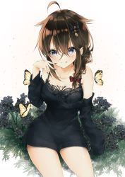 Rule 34 | 1girl, absurdres, ahoge, bare shoulders, blue eyes, blush, bow, braid, breasts, brown hair, bug, butterfly, eyelashes, flower, grass, hair between eyes, hair bow, hair flaps, hair ornament, hair over shoulder, hairclip, highres, insect, kantai collection, looking at viewer, medium breasts, nail polish, shigure (kancolle), shigure kai ni (kancolle), single braid, sitting, smile, solo, thighs, tongue, tongue out, uzuki tsukuyo, white background