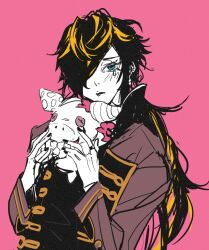 Rule 34 | 1boy, absurdres, aimono jyushi, argentum 1121, black hair, black nails, blonde hair, blue eyes, grey jacket, hair over one eye, highres, hypnosis mic, jacket, long hair, long sleeves, male focus, multicolored hair, one eye covered, pink background, sketch, solo, stuffed animal, stuffed toy, tearing up