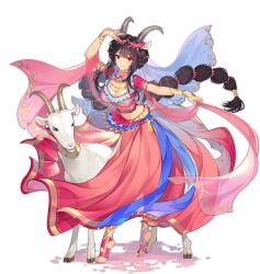 Rule 34 | 1girl, animal ears, ark order, armpits, black hair, bra, bracelet, breasts, cleavage, dancer, dancing, goat, goat (ark order), goat ears, goat girl, goat horns, goat tail, gold, gold necklace, hair ornament, hatoyama itsuru, horns, jewelry, large breasts, leg ribbon, long hair, long skirt, looking at viewer, low-tied long hair, multi-tied hair, multiple rings, nail polish, necklace, no shoes, official art, pink bra, pink nails, pink skirt, red eyes, ribbon, ring, sidelocks, skirt, solo, tachi-e, thigh ribbon, toenail polish, toenails, transparent background, underwear, very long hair