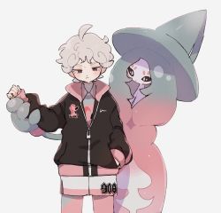 Rule 34 | 1boy, ahoge, bede (pokemon), blush, closed mouth, commentary request, creatures (company), curly hair, game freak, gen 8 pokemon, grey hair, hand in pocket, hand up, hatterene, highres, jacket, long sleeves, looking down, male focus, nintendo, nodori710, pokemon, pokemon (creature), pokemon swsh, short hair, shorts, side slit, side slit shorts, simple background, white background, zipper pull tab