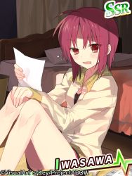 Rule 34 | 10s, angel beats!, bad id, bad pixiv id, bed, casual, iwasawa masami, paper, red eyes, red hair, sennen suisei, short hair, sitting, solo