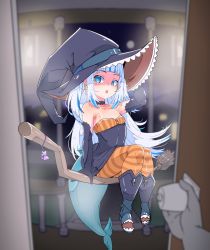 Rule 34 | 1girl, bare shoulders, blue eyes, blue hair, boots, broom, broom riding, door, doorway, dress, fins, fish tail, gawr gura, hat, highres, hololive, hololive english, long hair, moral cacoethes, multicolored hair, pantyhose, pov doorway, shark girl, shark tail, strapless, strapless dress, streaked hair, tail, tube dress, virtual youtuber, white hair, witch, witch hat