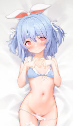 Rule 34 | 1girl, bed sheet, blue hair, breasts, closed mouth, commentary request, groin, hair ribbon, highres, hololive, lying, navel, on back, panties, panty pull, red eyes, ribbon, ruien (wu jui-en), small breasts, smile, solo, underwear, usada pekora, virtual youtuber, white panties, white ribbon