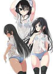 Rule 34 | 1girl, :o, ;(, ^ ^, armpit peek, arms up, asashio (kancolle), ass, black thighhighs, blue panties, blush, closed eyes, collared shirt, dress shirt, drying, drying hair, flat chest, gluteal fold, hand on own chest, highres, kantai collection, kuronaga, long hair, looking at viewer, looking back, looking to the side, multiple views, one eye closed, panties, seductive smile, see-through, shirt, short sleeves, simple background, smile, straight hair, thighhighs, underwear, wet, wet clothes, wet shirt, white background