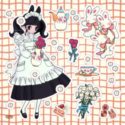 Rule 34 | 1girl, animal ears, apron, black dress, black eyes, black hair, blush, bouquet, cake, cake slice, chamomile, cookie, cup, dress, flower, food, full body, highres, holding vase, inata17ta, long hair, long sleeves, maid, maid apron, maid headdress, original, rabbit, rabbit ears, red flower, red rose, rose, saucer, shoes, smile, solo, standing, teacup, teapot, twintails, twitter username, vase, white apron