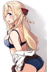 Rule 34 | 1girl, absurdres, ass, bare shoulders, blonde hair, blue bra, blue eyes, blue panties, blush, bra, braid, breasts, brown skirt, chestnut mouth, clothes lift, clothes pull, commentary request, gradient background, grey background, hair between eyes, high school fleet, highres, kapatarou, long hair, long sleeves, medium breasts, panties, parted lips, pleated skirt, profile, shirt, shirt pull, sideways mouth, skirt, skirt lift, solo, underwear, very long hair, white background, white shirt, wilhelmina braunschweig ingenohl friedeburg