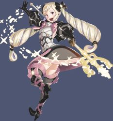 Rule 34 | 1girl, black gloves, blonde hair, boots, bow, dress, earrings, elise (fire emblem), fire emblem, fire emblem fates, full body, gloves, hair bow, high heel boots, high heels, highres, jewelry, kozaki yuusuke, looking at viewer, nintendo, official art, purple eyes, purple hair, ribbon, smile, solo, staff, thigh boots, thighhighs, transparent background, twintails, zettai ryouiki